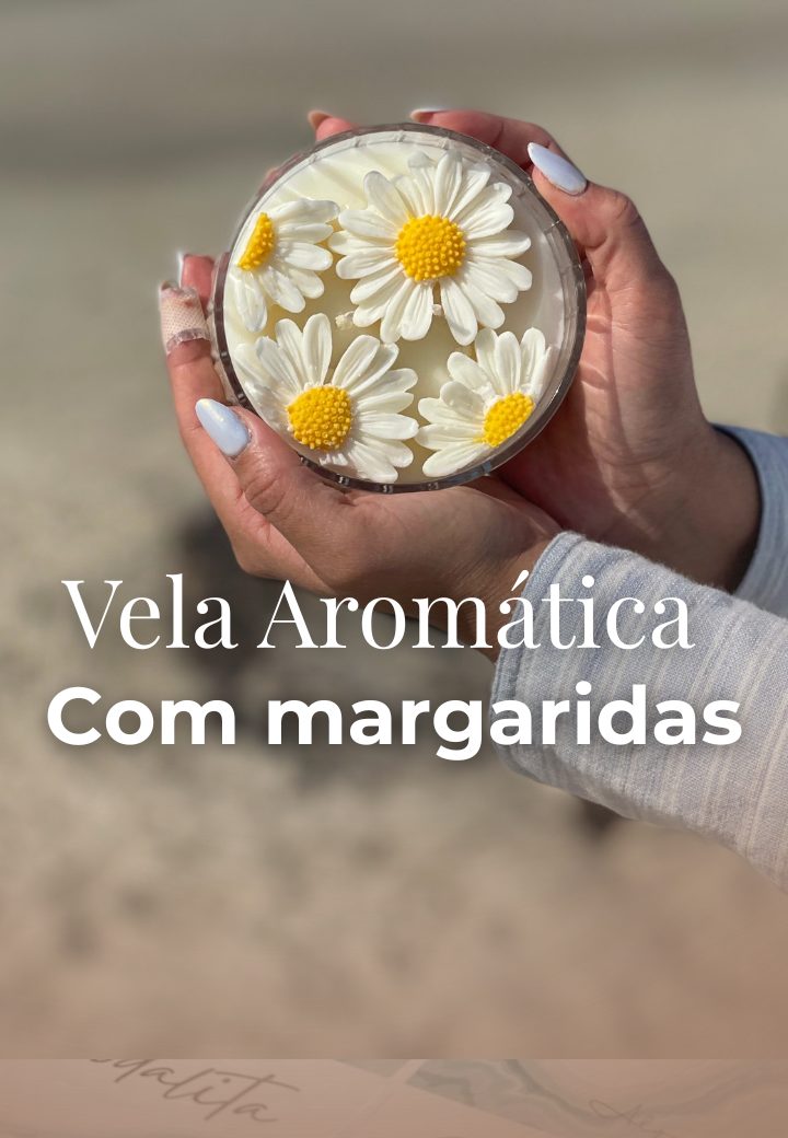 Vela aromática com margaridas brancas em cera